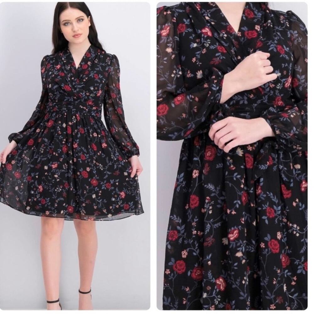 Gal Meets Glam Black Cherry Floral Chiffon Londyn Tie Sleeve Faux Wrap Dress